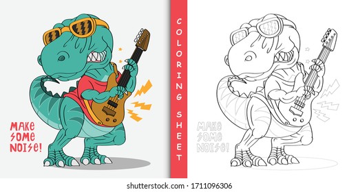 Cartoon Dinosaur The Rock Star, Coloring Sheet For Stay Home Activity