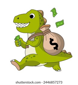 cartoon dinosaur running away with a bag of money, theft, corruption, crime illustration