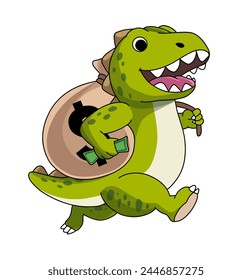 cartoon dinosaur running away with a bag of money, theft, corruption, crime illustration