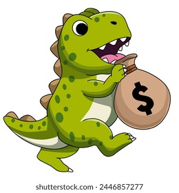 cartoon dinosaur running away with a bag of money, theft, corruption, crime illustration