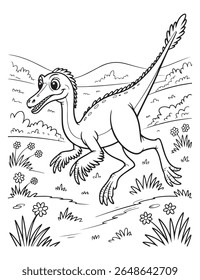 a cartoon dinosaur is running in a field with flowers and grass. it is a coloring page art. mountains in the background. black and white drawing