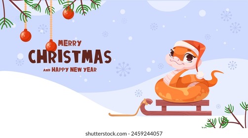 A cartoon dinosaur in a Santa hat riding a sled, festive Christmas greeting, on a snowy landscape with decorations. Vector illustration