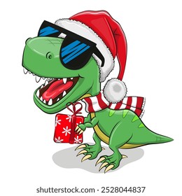 Cartoon Dinosaur in a Santa hat and sun glasses with gift isolated on a white background