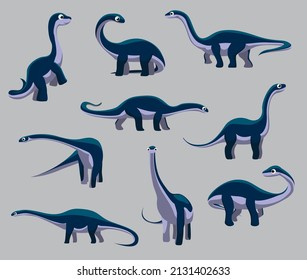 Cartoon Dinosaur Sauropod Diplodocus Cute Various Poses Cartoon Vector Illustration