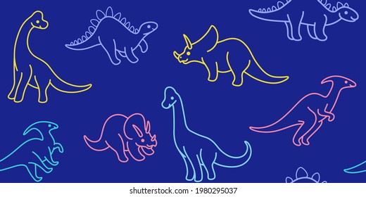 Cartoon dinosaur - seamless trendy pattern with ceratops, parasaurolophus, brachiosaurus,  stegosaurus. Flat vector illustration on blue background.
