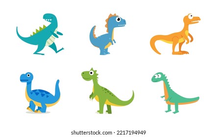 Cartoon dinosaur set. Collection of cute dinosaur icons. Flat vector illustration isolated on white background.