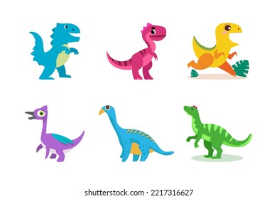 Cartoon dinosaur set. Collection of cute dinosaur icons. Flat vector illustration isolated on white background.
