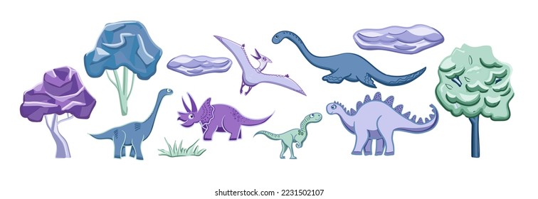 Cartoon dinosaur set. Colored predators and herbivores. Flat vector illustration isolated on white background.