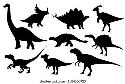 Cartoon Dinosaur Set. Cute Dinosaurs Icon Collection. Black Silhouette Predators And Herbivores. Flat Vector Illustration Isolated On White Background.