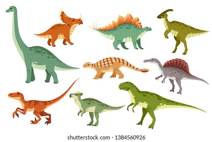 Cartoon dinosaur set. Cute dinosaurs icon collection. Colored predators and herbivores. Flat vector illustration isolated on white background.