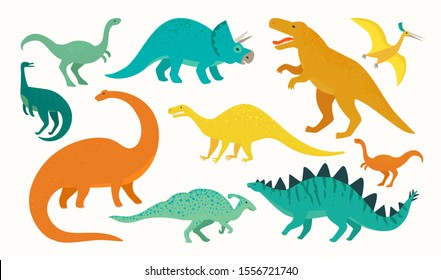 Cartoon dinosaur set. Cute dinosaurs icon collection. Colored predators and herbivores. Flat vector illustration isolated on white background.