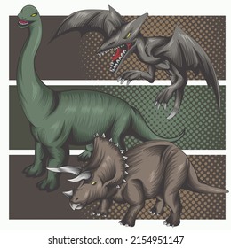 Cartoon dinosaur set. Dinosaurs collection. Colored predators and herbivores. Vector illustration