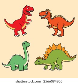 Cartoon dinosaur set with T-Rex, Stegosaurus, and more. Cute prehistoric creatures for kids' designs, educational themes, and playful creative projects. Fun and vibrant illustrations.