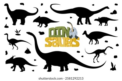 Cartoon dinosaur silhouettes of jurassic dino animals. Vector black shadows of elmisaurus, jaxartosaurus and garudimimus, magyarosaurus, protoceratops, quaesitosaurus and struthiosaurus monsters