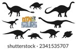 Cartoon dinosaur silhouettes of prehistoric monsters. Vector dino animals set, wuerhosaurus, shunosaurus, eoraptor and henodus. Apatosaurus, polacanthus, lotosaurus and melanorosaurus dinosaurs