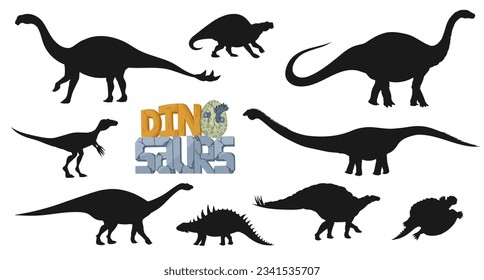 Cartoon dinosaur silhouettes of prehistoric monsters. Vector dino animals set, wuerhosaurus, shunosaurus, eoraptor and henodus. Apatosaurus, polacanthus, lotosaurus and melanorosaurus dinosaurs