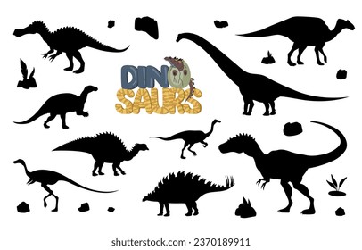 Cartoon dinosaur silhouettes. Vector dino animals and jurassic raptors. Isolated black ouranosaurus, probactrosaurus, suchomimus and alectrosaurus, alvarezsaurus, aralosaurus and dravidosaurus monster