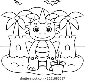 Um dinossauro cartoon senta-se em frente de castelos de areia com palmeiras e morcegos no céu. Um balde e espadas estão nas proximidades.
