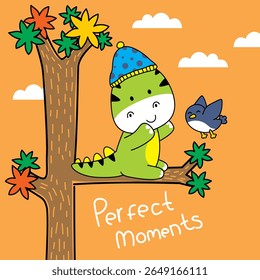 Cartoon dinosaur sitting on colorful tree branch with winter hat smiling at bird under cloudy sky. Childhood moment concept
