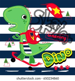 Cartoon dinosaur skater riding a skateboard with backpack on blue and white striped background illustration vector.