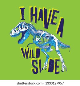 Cartoon dinosaur skeleton  illustration, vector. T shirt graphic design for kids