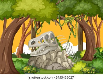 Cartoon dinosaur skull among lush forest trees.