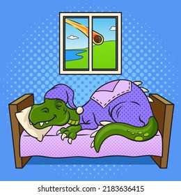 Dinosaurio de dibujos animados durmiendo en la cama de arte pop retro ilustración vectorial. La imitación al estilo de un libro de historietas.