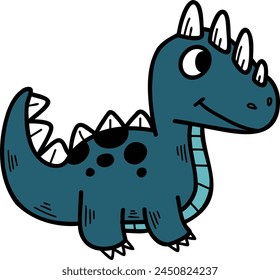 Un dinosaurio de dibujos animados con una sonrisa en la cara. El dinosaurio es azul y tiene una mancha negra en la cabeza