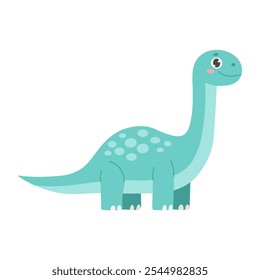 A cartoon dinosaur with a smile on its face. It is green and has a long neck. It is standing on a white background