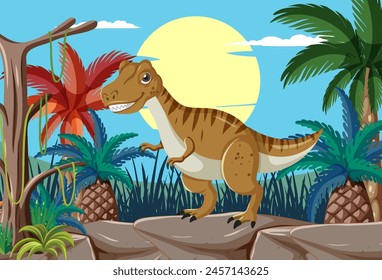 Cartoon dinosaur smiling in a lush jungle setting.