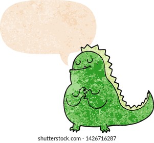 cartoon dinosaur with speech bubble in grunge distressed retro textured style