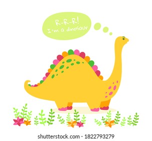 Cartoon dinosaur with speech bubble. Kids flat design for fabric or textile. Colorful Brontosaurus with plants and cactus. Vector illustration isolated on white background