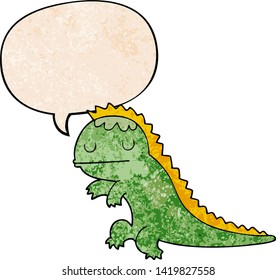cartoon dinosaur with speech bubble in retro texture style