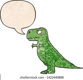 cartoon dinosaur with speech bubble in retro texture style
