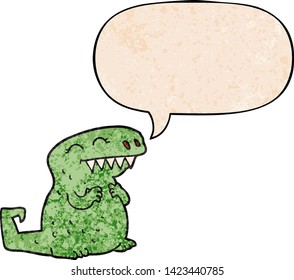 cartoon dinosaur with speech bubble in retro texture style