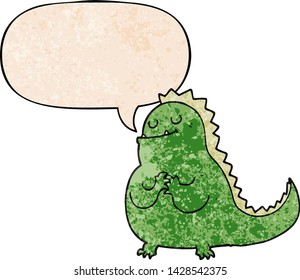dinosaurio de dibujos animados con burbuja de habla en estilo de textura retro