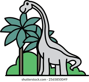 A cartoon dinosaur is standing in front of a tree. The dinosaur is smiling and he is enjoying its time in the jungle