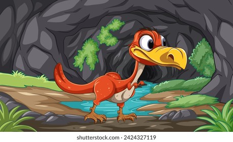 Cartoon dinosaur standing near a cave entrance