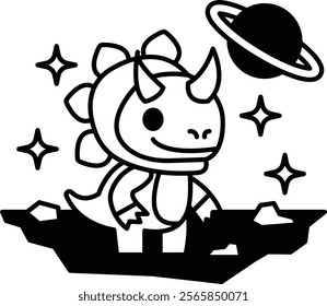 A cartoon dinosaur is standing on a rocky surface with a large planet in the background. The dinosaur is wearing a costume and he is looking up at the planet. The scene has a whimsical