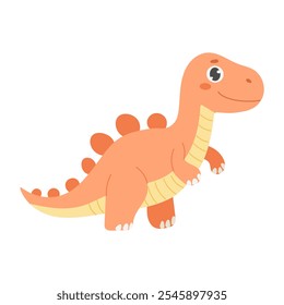 A cartoon dinosaur is standing on a white background. It has a smile on its face. The dinosaur is orange and has a long tail