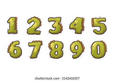 Cartoon dinosaur style alphabet. Font from numbers covered in dinosaur skin. Dino lettering. Isolated objects for books, textile, cards. Vector cartoon style illustration.