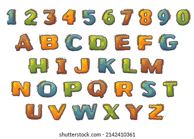 Cartoon dinosaur style alphabet. Font from letters and numbers covered in dinosaur skin. Dino lettering. Isolated objects for books, textile, cards. Vector cartoon style.