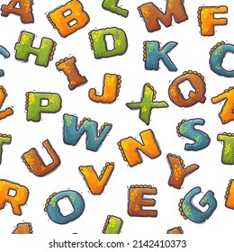 Cartoon dinosaur style alphabet. Font from letters covered in dinosaur skin. Dino lettering. Seamless pattern for wrapping, backgrounds, wallpapers, textile composition. Vector cartoon illustration.