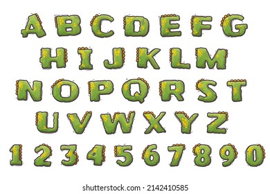 Cartoon dinosaur style alphabet. Font from letters and numbers covered in dinosaur skin. Dino lettering. Isolated objects for books, textile, cards. Vector cartoon style illustration.