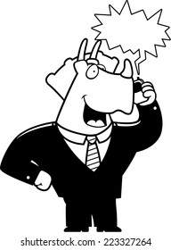 A cartoon dinosaur in a suit talking on a cell phone.