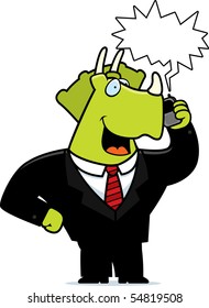 A cartoon dinosaur in a suit talking on a cell phone.