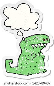 Cartoon-Dinosaurier mit Gedankenblase als bedrückter abgenutzter Aufkleber