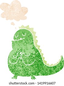 dinosaurio de dibujos animados con burbuja de pensamiento en un estilo retro angustiado con textura estridente