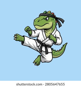 Cartoon Dinosaur T-Rex Character Performing Karate Kick Martial Arts Mascot
