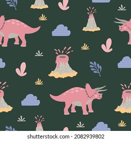 Cartoon dinosaur triceratops among tropical plants, clouds and an erupting volcano. Seamless pattern for kids. Colorful elements isolated on green background. Hand drawn flat vector illustration.